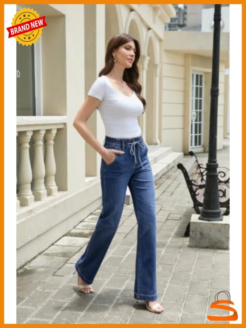 Wide Leg Jeans High Waisted Elastic Waist Drawstring Baggy Denim Pants with - Picture 4 of 6